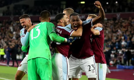 West Ham celebrate after knocking out holders Manchester City on penalties.