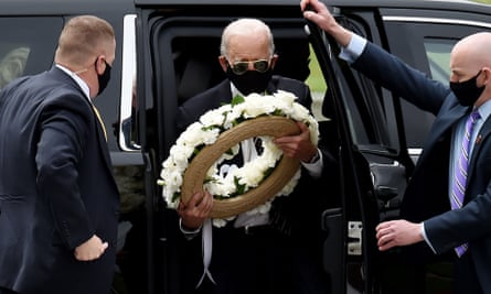 Joe Biden arrives to pay his respects to fallen service members on Memorial Day at Delaware Memorial Bridge Veteran’s Memorial Park in Newcastle, Delaware.
