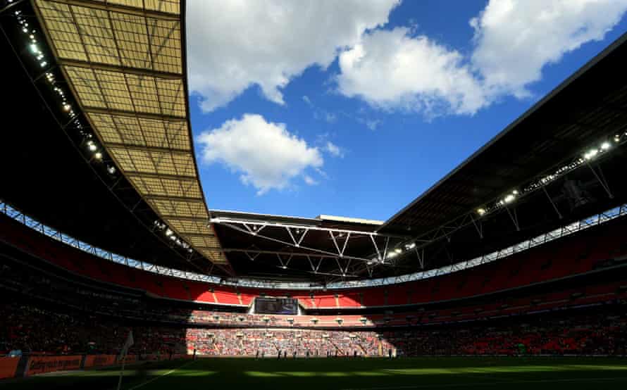 The view from pitch side at Wembley Stadium.