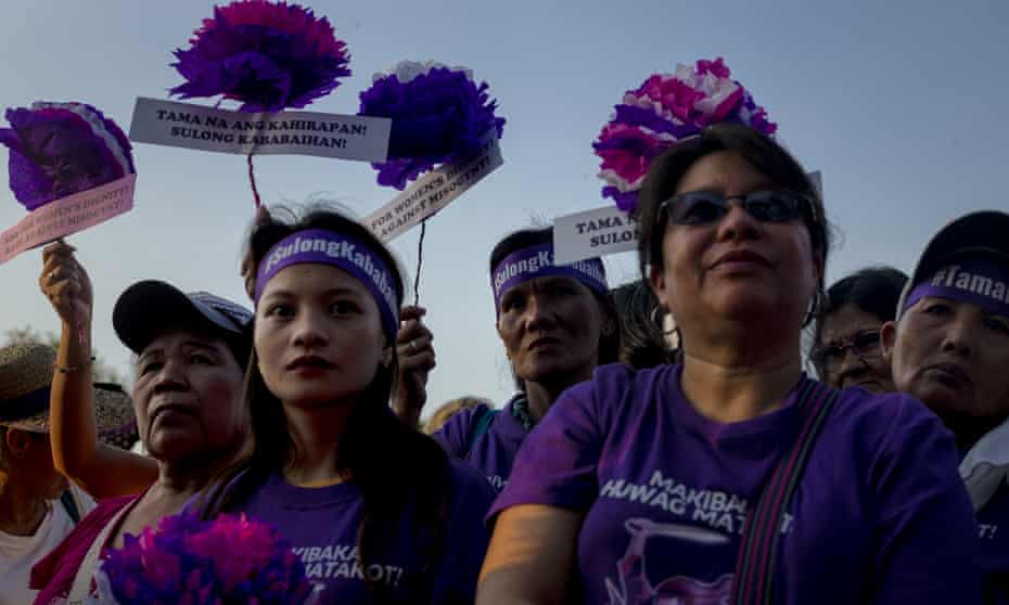Protesters march on the streets of Manila on International Women’s Day, voicing their anger over President Duterte’s misogyny and the government’s brutal war on drugs 