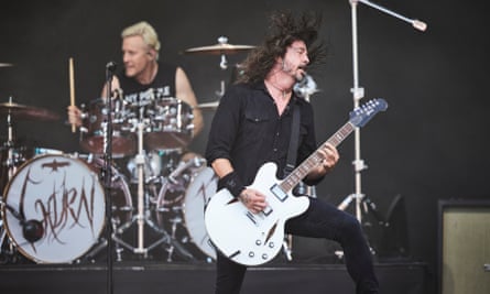 Dave Grohl of Foo Fighters on the Pyramid stage, with new drummer Josh Freese