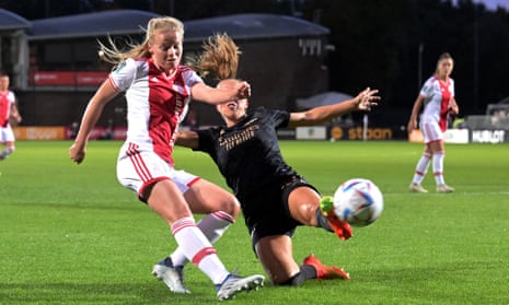 Ajax v Arsenal: Girls’s Champions League qualifying, spherical two, second leg – dwell | Girls's Champions League 1 Lia Walti of Arsenal attempts to block an effort by Ajax’s Nadine Noordam.