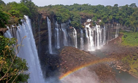 Kalandula Falls near Kalandula, Malanje Province in Angola. Formerly known as the Duque de Braganca Falls. Showing rainbow in front of the falls.