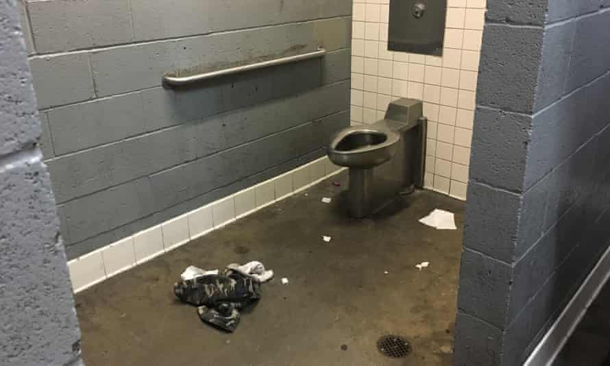 Inside one of the bathroom stalls shared by homeless people in LA’s Skid Row area.