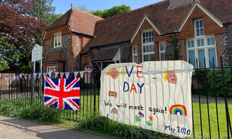 A VE Day banner at Tylers Green first school near High Wycombe