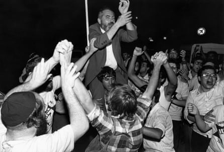 Rightwing leader and rabbi Meir Kahane carried by supporters through the streets of Jerusalem after he won a seat in the Israeli parliament in July 1984.