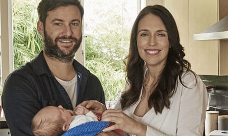 Jacinda Ardern and Clarke Gayford pose with their daughter Neve