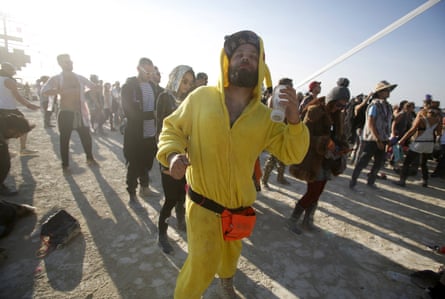 Dan Drahos dances at the Robot Heart during the morning hours at Burning Man.