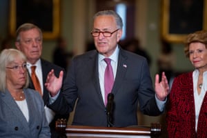Biden to meet Senate Democrats to push $3.5tn ‘human infrastructure’ plan – live | US news 1 Flanked by senator Patty Murray, left, senator Dick Durbin, second from left, and senator Debbie Stabenow, right, Senate majority leader Chuck Schumer offers remarks during a press conference.