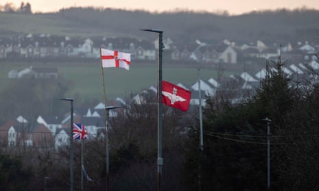 Flags, including that of the Parachute Regiment, flying in Drumahoe, 24 January 2022. 