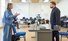 Tipping point … Anna Maxwell Martin as an MP and James Corden as an ex-serviceman in rehearsals.
