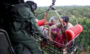People are airlifted to safety in Kerala floods, India.