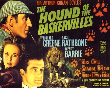 A poster for the 1939 film of The Hound of the Baskervilles, starring Basil Rathbone and Nigel Bruce.