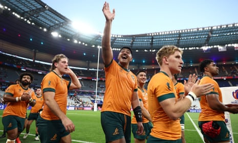 Captain Will Skelton waves to the crowd after the Wallabies' win over Georgia in the World Cup opener at Stade de France