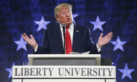 Donald Trump gestures during a speech at Liberty University in Lynchburg, Virginia in January 2016.