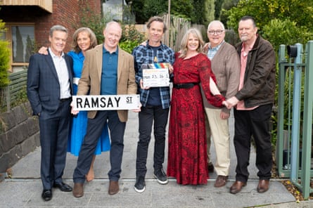All the old gang are here! Paul Robinson (Stefan Dennis), Jane Harris (Annie Jones), Clive Gibbons (Geoff Paine), Mike Young (Guy Pearce), Melanie Pearson (Lucinda Cowden), Harold Bishop (Ian Smith) and Des Clarke (Paul Keane) on the Neighbours set