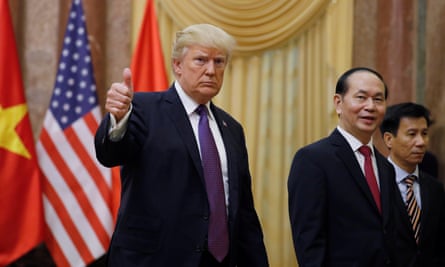 Donald Trump next to Vietnam’s president, Tran Dai Quang at the Presidential Palace in Hanoi.