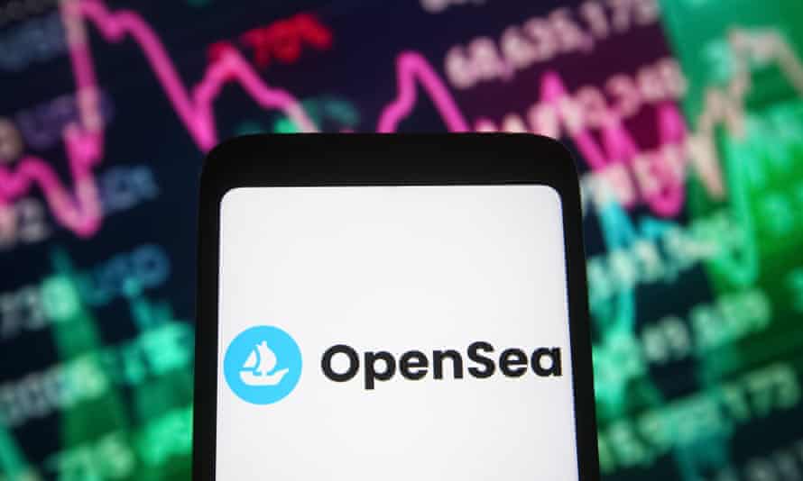 In this photo illustration, OpenSea logo of an online marketplace for non-fungible tokens (NFT) is seen on a smartphone screen and a stock market chart and information in the background.