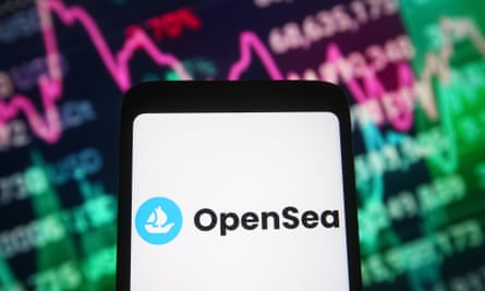 In this photo illustration, OpenSea logo of an online marketplace for non-fungible tokens (NFT) is seen on a smartphone screen and a stock market chart and information in the background.