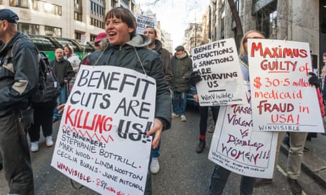 Crowds outside the Department of Work and Pensions in March, protesting against US firm Maximus taking over the fitness-to-work tests from Atos.