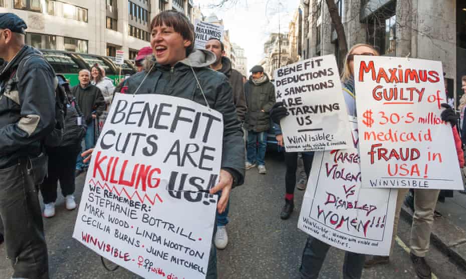 Crowds outside the Department of Work and Pensions in March, protesting against US firm Maximus taking over the fitness-to-work tests from Atos.