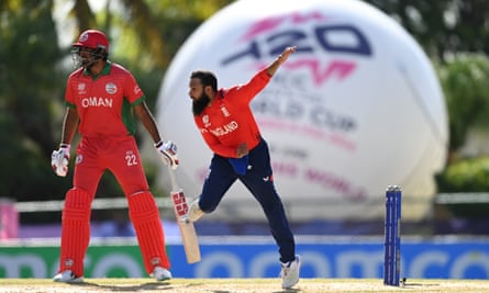Adil Rashid of England bowls during the T20 World Cup match against Oman.