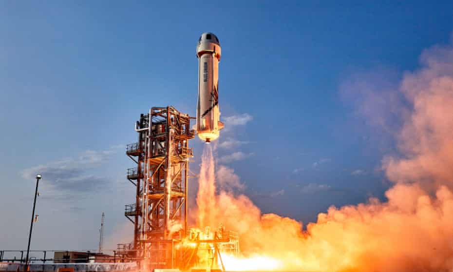 Jeff Bezos launches on Blue Origin’s New Shepard, Van Horn, Texas, 20 July.