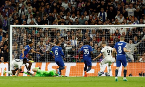 Real Madrid’s Karim Benzema opens the scoring against Chelsea with a tap in.