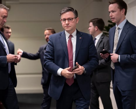Mike Johnson arriving for an early morning strategy session with the Republican Conference on Tuesday.