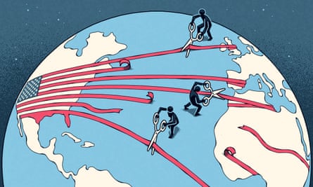 Illustration showing a globe of the Earth with red lines that are streaming out of the American flag being cut by people with giant scissors