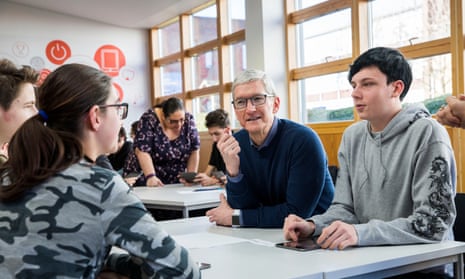 Tim Cook visits Harlow college in Essex, which will use a new Apple coding initiative.