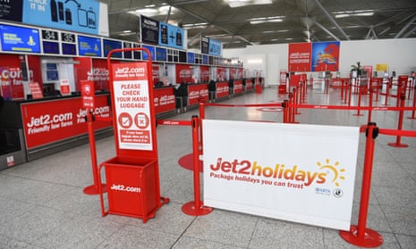 An empty Jet2 Holidays check-in at Stansted airport.