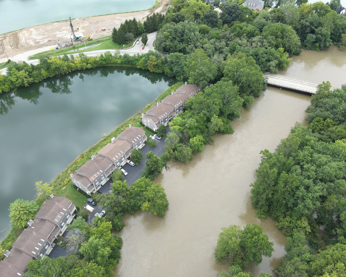 Aerial view of flooding around houses