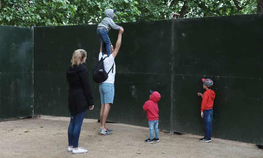 Child stands on man's shoulders to look over fence