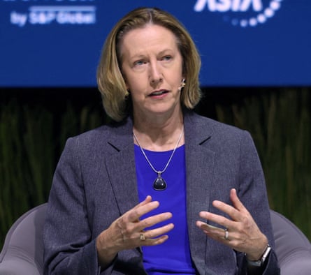 Meg O’Neill speaks at the Energy Asia conference in Kuala Lumpur Convention Centre, in Kuala Lumpur, Malaysia. She is wearing a jacket and blue shirt