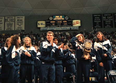 Members of the University of Connecticut women’s basketball team celebrate at a pep rally in their honor after winning the 1995 NCAA title. Among those pictured are, from left, Missy Rose, Brenda Marquis, Auriemma, Jamelle Elliott, Rebecca Lobo and Kara Wolters.