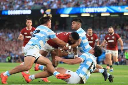Bundee Aki drives over to score the first try of the Lions’ tour.