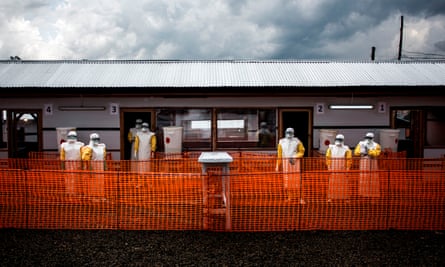 Health workers inside the red zone at a Médecins Sans Frontierès ebola treatment centre in DRC