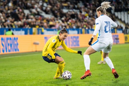 Malmoe, Sweden. 30th Nov, 2021. Sweden’s Johanna Rytting Kaneryd takes on Jana Vojtekova of Slovakia during their 2023 World Cup qualifier which Sweden won 3-0.