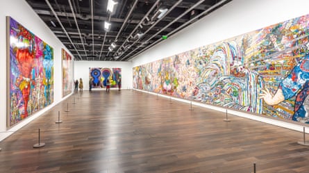 Murakami’s superflat philosophy also entails an interdisciplinary approach, where projects like his best-selling Louis Vuitton handbags and high-profile music videos hold the same value as his paintings.