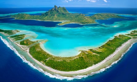 View over the barrier reef around Mount O’ Temanu, Bora Bora, Tahiti.