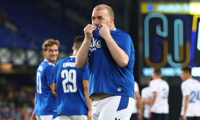 Paul Stratton celebrates scoring Everton’s fourth goal during the preseason friendly with Dynamo Kyiv at Goodison Park on Friday