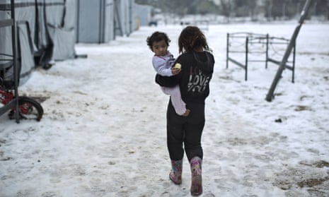 Snow covered refugee camp in Greece