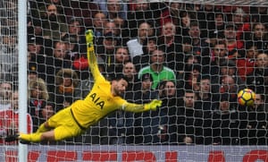 Tottenham keeper Hugo Lloris dives to save a shot from United’s Anthony Martial. Martial scored the winner after coming on after 70 minutes to score the winner.