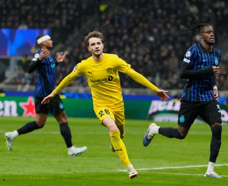 Glimt's Hakon Evjen celebrates after scoring his side's second goal against Inter.