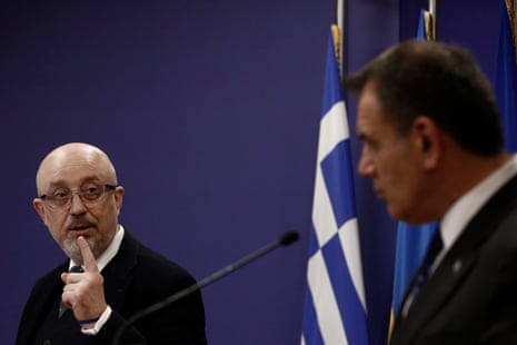 Oleksii Reznikov and Nikolaos Panagiotopoulos (R) during joint statements after their meeting in Athens.
