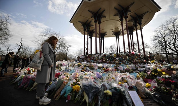 Floral tributes to Sarah Everard at Clapham Common bandstand