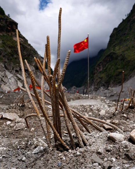 Wreckage of the Gyirong Port buildings from the Chinese side of the Nepal-Tibet border.