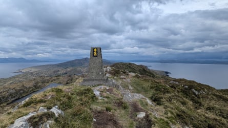 Yellow waymarkers show the way on the main ridge of the Sheep’s Head Way, Ireland