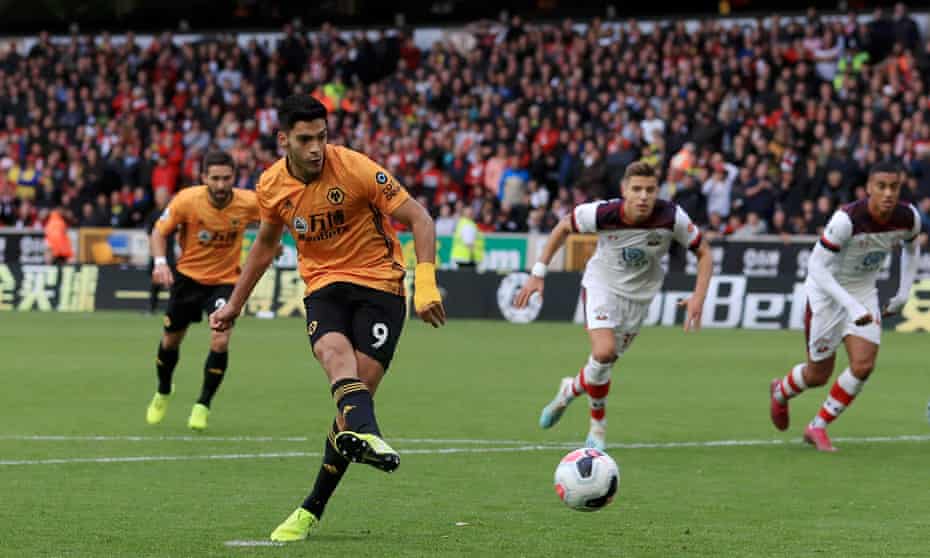 Raúl Jiménez scores for Wolves against Southampton.
